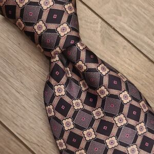 BRIONI Italy Recent Metallic Black Silver Pink Floral Pattern Designer Mens Silk